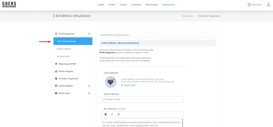 Lengkapi Informasi Organisasi saat buat event di GOERS