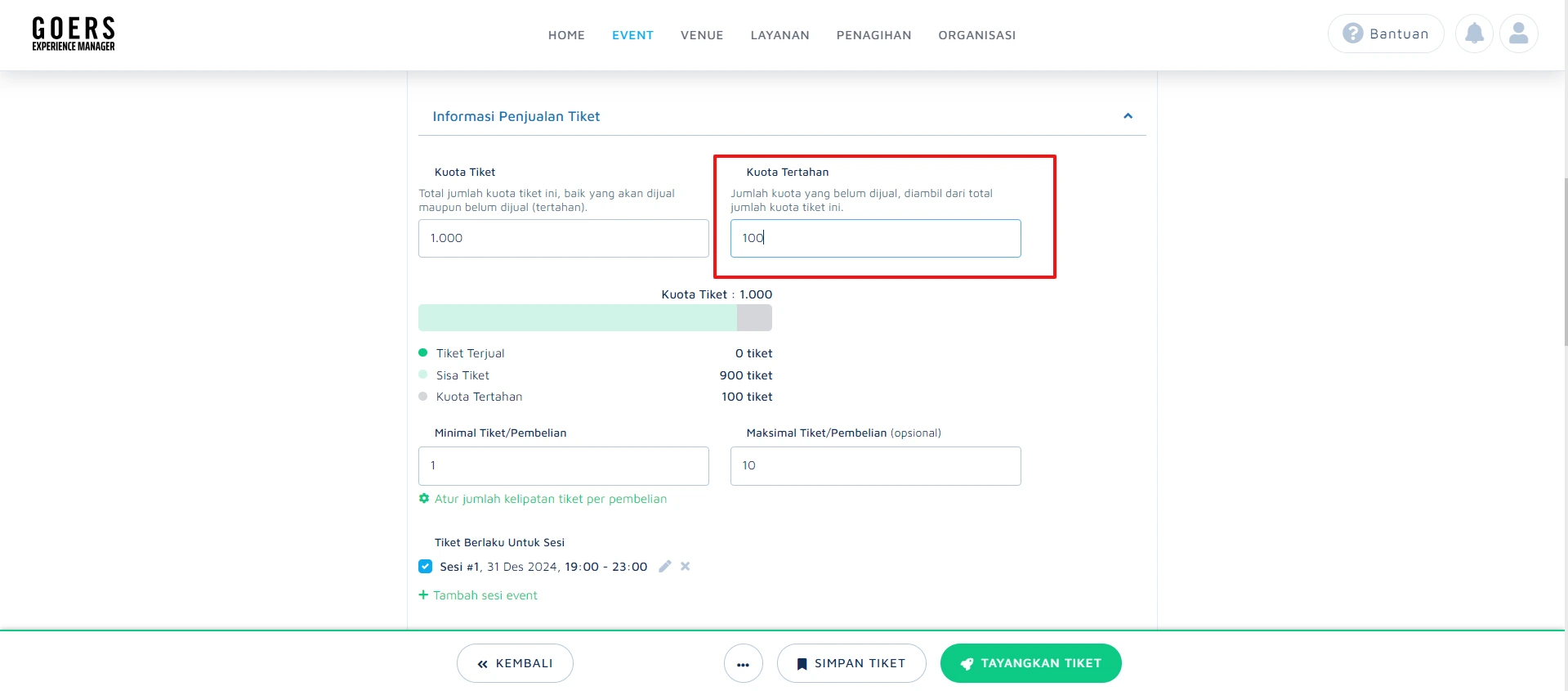 Pilih Tiket yang Ingin Diatur Kuota
