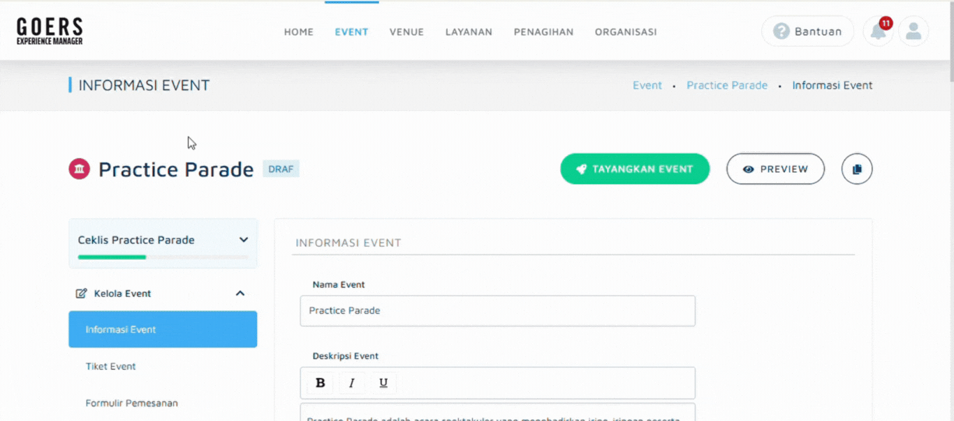 Atur aktivitas, tiket, dan publish